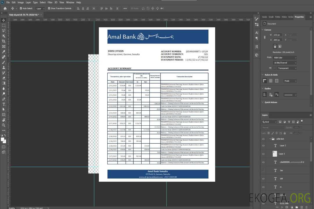 Relevé bancaire Somalie Amal template Relevé bancaire Somalie Amal template